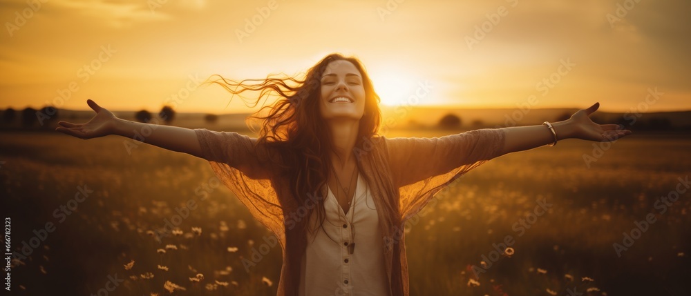 Poster backlit portrait of calm happy smiling free woman with open arms and closed eyes enjoys a beautiful 