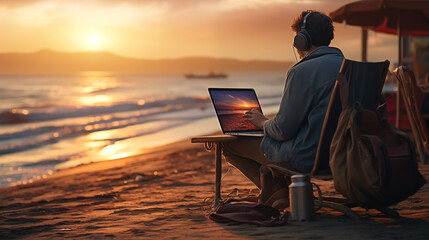 Man on laptop working on the beach - obrazy, fototapety, plakaty