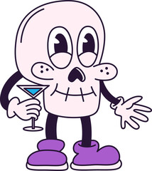 Spooky skull vintage toons, funny character, trendy classic retro cartoon style. Happy Halloween. Contour illustration isolated on transparent background.