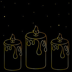 gold candles on black background with stars, snow
