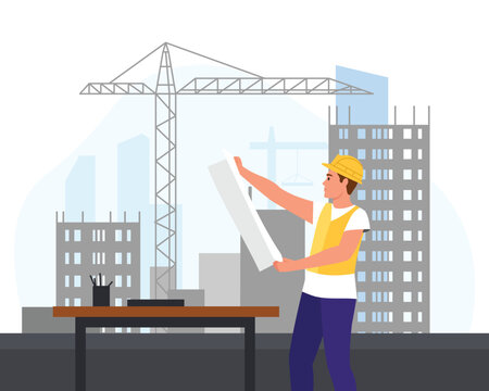 Vector illustration of an architect on a construction site. Cartoon scene with an architect in a vest and hard hat checking blueprints and a table with a glass of pencils, with silhouettes.