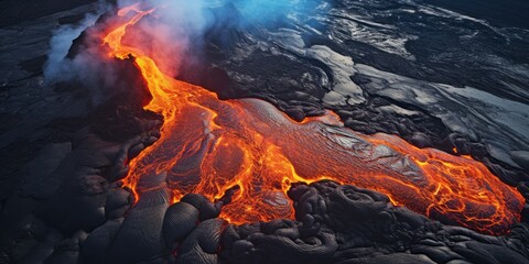  Lava Flow on a Mountain in Hawaii, Capturing the Fiery Spectacle of a Natural Disaster, While Highlighting the Way of Life and Renewal in the Face of Volcanic Forces