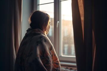 woman wrapped in a blanket looking out the window - obrazy, fototapety, plakaty