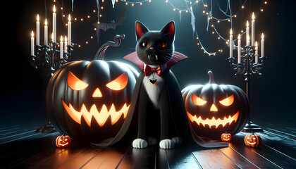 Halloween, ciemne tło, ilustracja 3D, noc, dynia z kotem i świece, noc, straszna grafika - obrazy, fototapety, plakaty