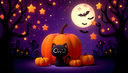 Halloween, ciemne fioletowe tło, ilustracja 3D, gwiaździsta noc, dynia z kotem i nietoperzami, las, księżyc