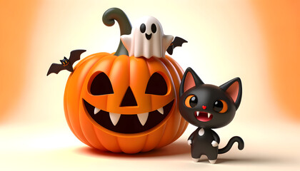 Halloween, żółte tło, ilustracja 3D, uśmiechnięta dynia z kotem jako wampir, duchem i nietoperzem, zabawna grafika
