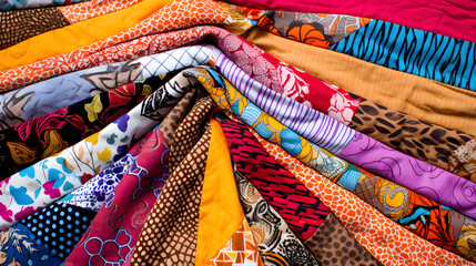 A homemade patchwork quilt stretched out with vibrant patterns and fabrics.