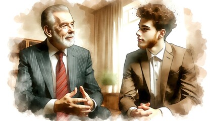 Seasoned business mentor with a gentle demeanor engaging with a curly-haired young male professional in a softly lit classic office, warm and smeared watercolor colors. - obrazy, fototapety, plakaty