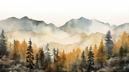 A majestic landscape painting of a mountain range surrounded by lush trees