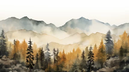 Tuinposter Mistig bos A majestic landscape painting of a mountain range surrounded by lush trees
