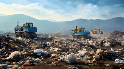 A landfill site stretching out for miles with machinery moving heaps of trash. - obrazy, fototapety, plakaty
