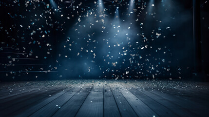 Festivity illustration with navy blue sparkling confetti raining on empty stage with beam of light. Empty room on festive stage with blue confetti. - obrazy, fototapety, plakaty