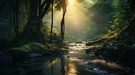 Foto op Plexiglas amazon rainforest with tropical vegetation, a creek runs through a mysterious jungle, a mountain stream in a lush green valley © CROCOTHERY