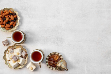 Traditional oriental tea with Turkish delight, top view