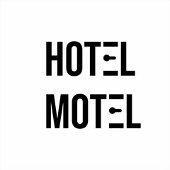 Hotel, motel word design with illustration of door knob on letter E.