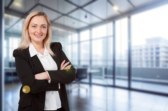 Portrait of successful young business woman posing on background, AI generated image