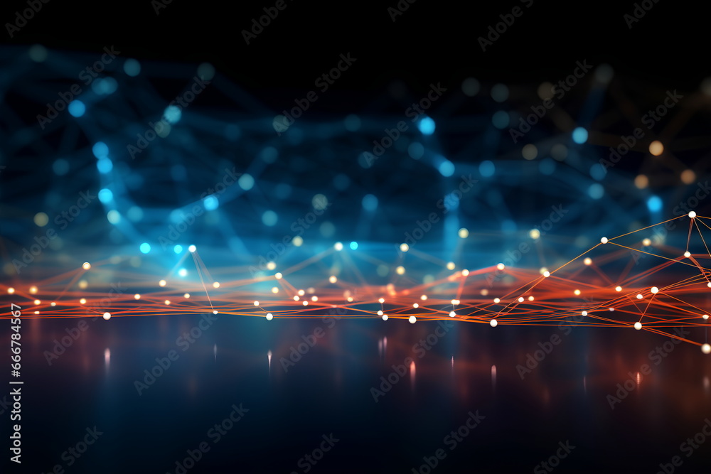 Poster Technology abstract network with a cyber network grid and connected particles. Big data visualization. Digital dots and lines