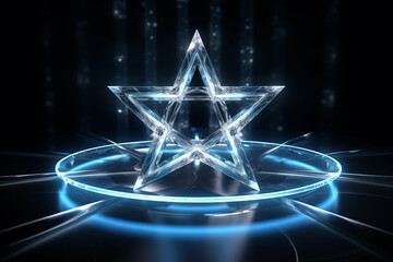 Digital Star, star hologram, shiny big star in a dark background, star with neon effect, glowing star, fictional scientific star concept, futuristic high tech wallpaper star concept, shiny blue star