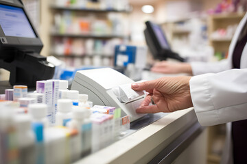 A pharmacy checkout counter with a customer paying for her medications.
