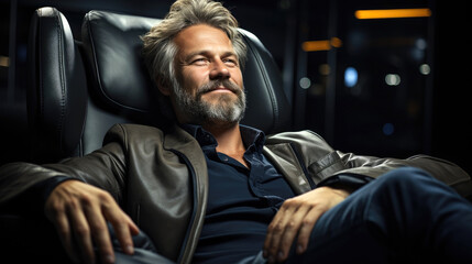 A handsome smiling businessman sitting in an armchair