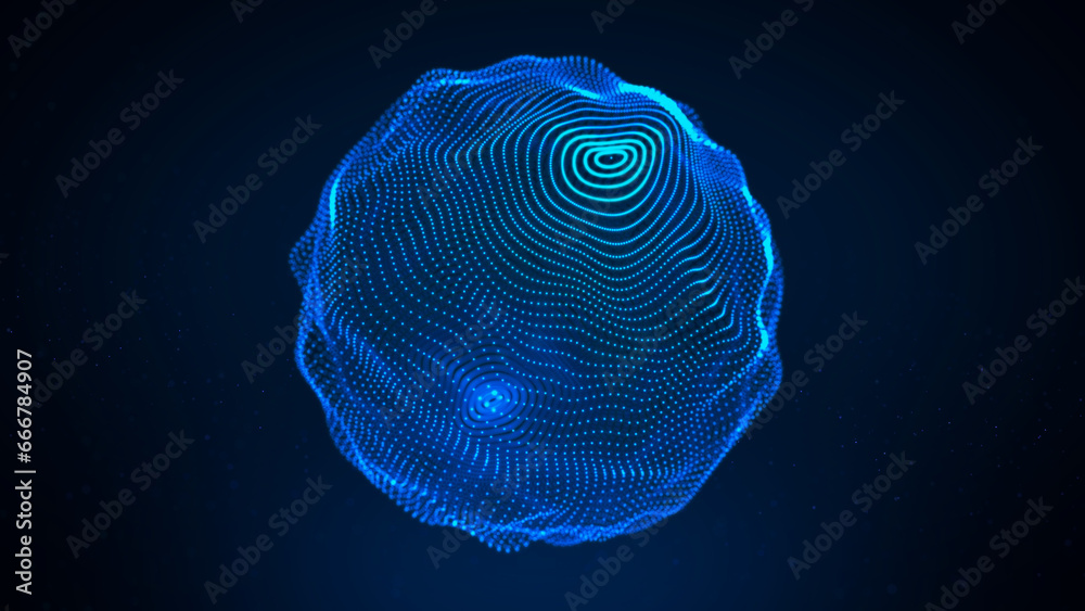 Poster abstract wireframe blue sphere. color circle shape with noise and connection dots and lines on dark 