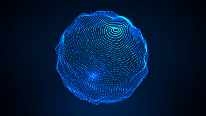 Abstract wireframe blue sphere. Color circle shape with noise and connection dots and lines on dark background. 3D rendering.