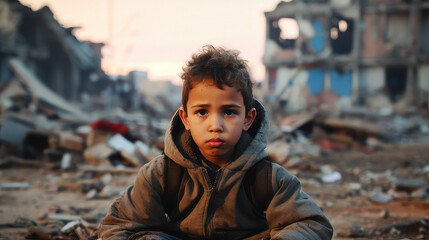Fototapeta na wymiar sad boy in demolished war ravaged cityscape