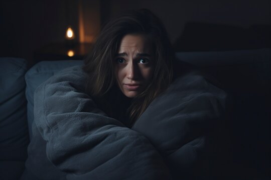 frightened woman hugging pillow at home