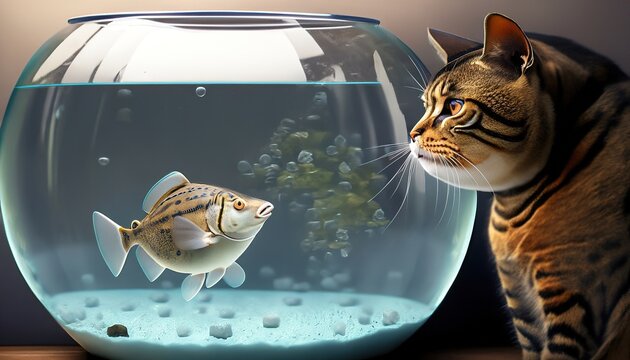 Cat looking curiously at a fish that is inside a round fish tank. Generative AI