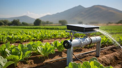 A solar-powered irrigation system watering crops in a remote farmland. - obrazy, fototapety, plakaty