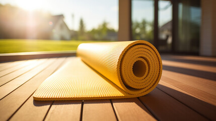 A neatly rolled yoga mat on a sunlit wooden deck - Powered by Adobe
