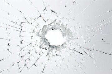 Abstract texture. Broken glass window with hole in the middle and cracks. Glass shards. On a white background. Bullet hole in the glass. Copy Space. Textured Background.