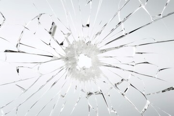 Abstract texture. Broken glass window with hole in the middle and cracks. Glass shards. On a white background. Bullet hole in the glass. With Copy Space. Textured Backdrop.