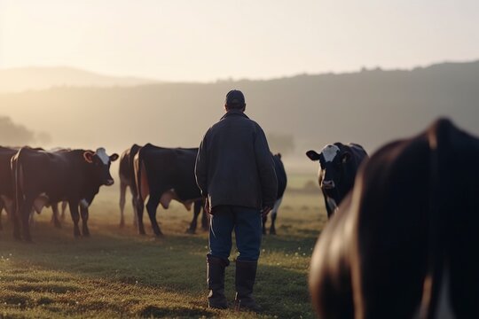 Farmer With His Cows In A Grassy Field