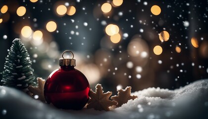 Celebrate merry christmas in winter, with decoration balls on the snow and tree around