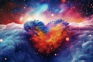 Poster Heart-shaped cosmic formation with love-themed galaxies bathed in technology-inspired hues. Generative AI © Solana