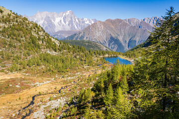 Fototapeta na wymiar Monte Bianco e Grandes Jorasses sul Lago d'Arpy, Valle D'Aosta
