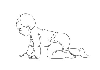 continuous one line drawing of side view of pretty crawling baby. Single continuous line art