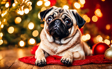 Cute Pug Portrait at Warm Christmas Holiday Scene
