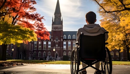 Obraz premium Young student in wheelchair at school entrance