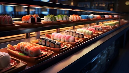 Sushi showcase with a variety of types and flavors