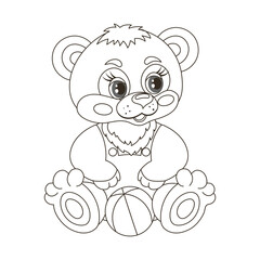 Cute cartoon baby teddy bear with a ball toy. Sketch, outline drawing for a coloring book. Vector