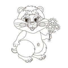 Cute cartoon chipmunk, hamster with a bouquet of flowers. Sketch, outline drawing for a coloring book. Vector