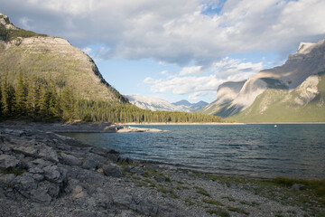 Beautiful view of Minnewanka Lake in Banff National Park in Canada