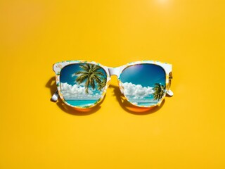 Naklejka premium Sunglasses with nature layout on yellow background