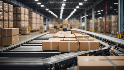 Huge conveyor belts move goods and pack them into cardboard boxes. The boxes are then sorted and sent to separate sections in the logistics company's warehouse - obrazy, fototapety, plakaty