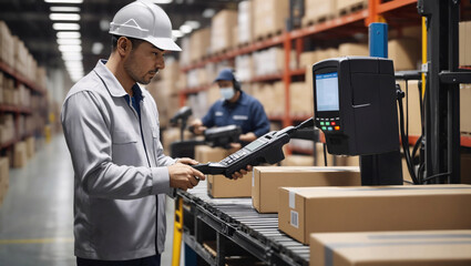 Modern technologies are used, such as POS terminals and conveyors. A warehouse worker scans items using a POS terminal to properly account for receipts and shipments. Logistics process in action - obrazy, fototapety, plakaty