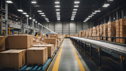 The process of moving packaged goods using conveyor belts in an industrial warehouse of a logistics company. Cardboard boxes are packed and then sorted according to their intended purpose