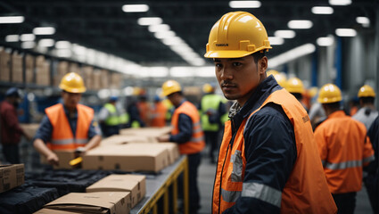 While working in a modern warehouse for the delivery of goods, transport company specialists scan goods and parcels to ensure they are correctly sorted and successfully sent to customers - obrazy, fototapety, plakaty
