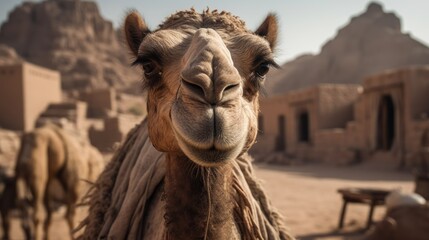 Camel in a desert. Travel Concept. Background with a copy space.